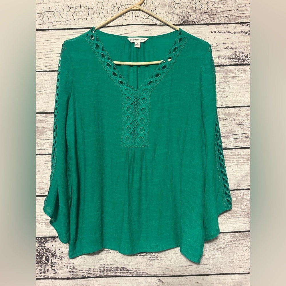 Counterparts Emerald Green Crochet Trim Blouse Size S Boho Peasant Top